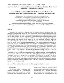 Assessment of Heavy Metals and Physico-Chemical Characteristics of Water and Sediments, Kurram River (Pakistan)