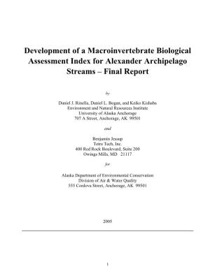 Development of a Macroinvertebrate Biological Assessment Index for Alexander Archipelago Streams – Final Report