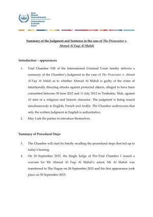 Summary of the Verdict and Sentence in the Al Mahdi Case