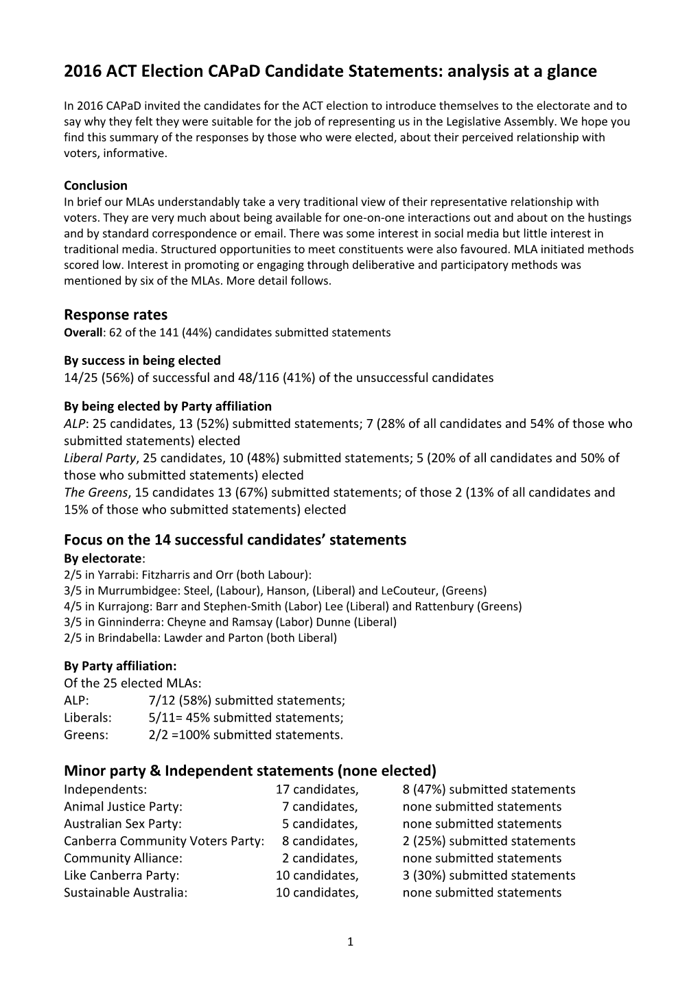 2016 ACT Election Capad Candidate Statements: Analysis at a Glance