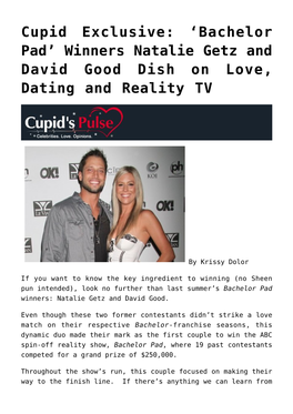 Bachelor Pad’ Winners Natalie Getz and David Good Dish on Love, Dating and Reality TV