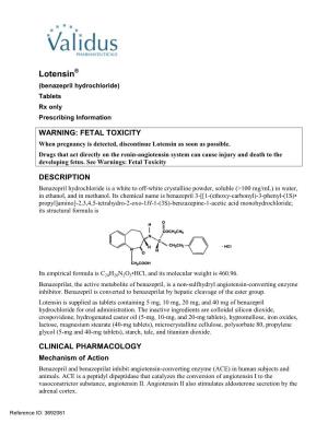 Lotensin® (Benazepril Hydrochloride) Tablets Rx Only Prescribing Information