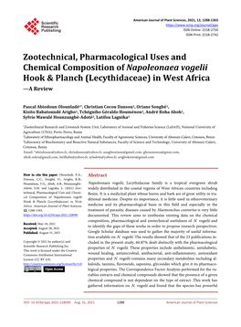 Chemical Composition, Pharmacological and Zootechnical Usefulness of Napoleonaea Vogelii Hook & Planch