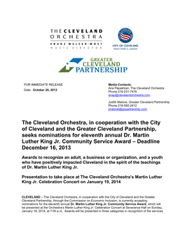 The Cleveland Orchestra, in Cooperation with the City of Cleveland and the Greater Cleveland Partnership, Seeks Nominations for Eleventh Annual Dr