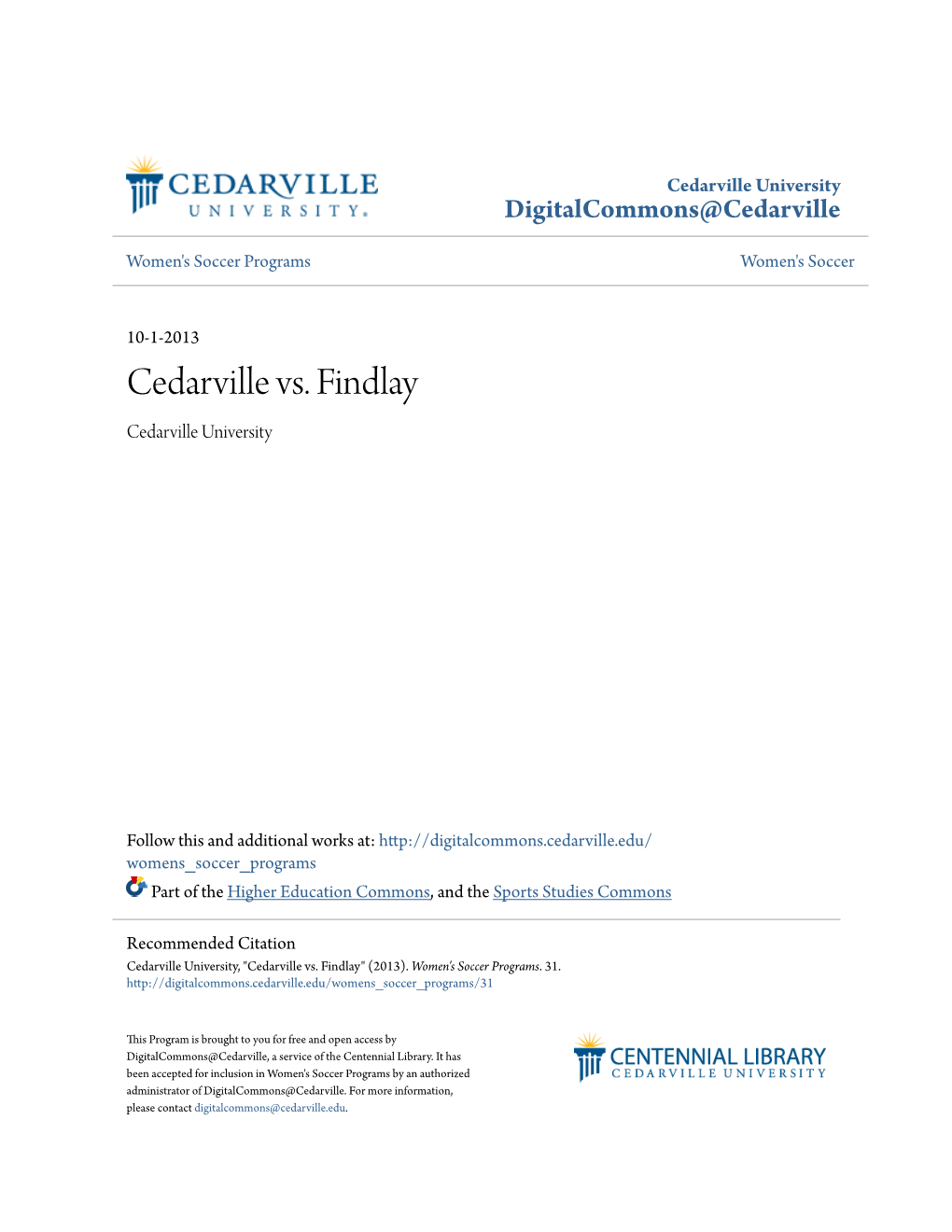 Cedarville Vs. Findlay Cedarville University