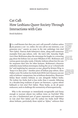 Cat Call: How Lesbians Queer Society Through Interactions with Cats Breck Radulovic
