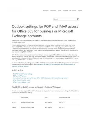 Outlook Settings for POP and IMAP Access for Office 365 for Business Or Microsoft Exchange Accounts