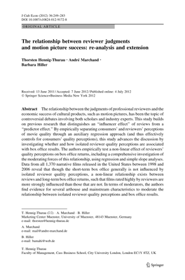 The Relationship Between Reviewer Judgments and Motion Picture Success: Re-Analysis and Extension