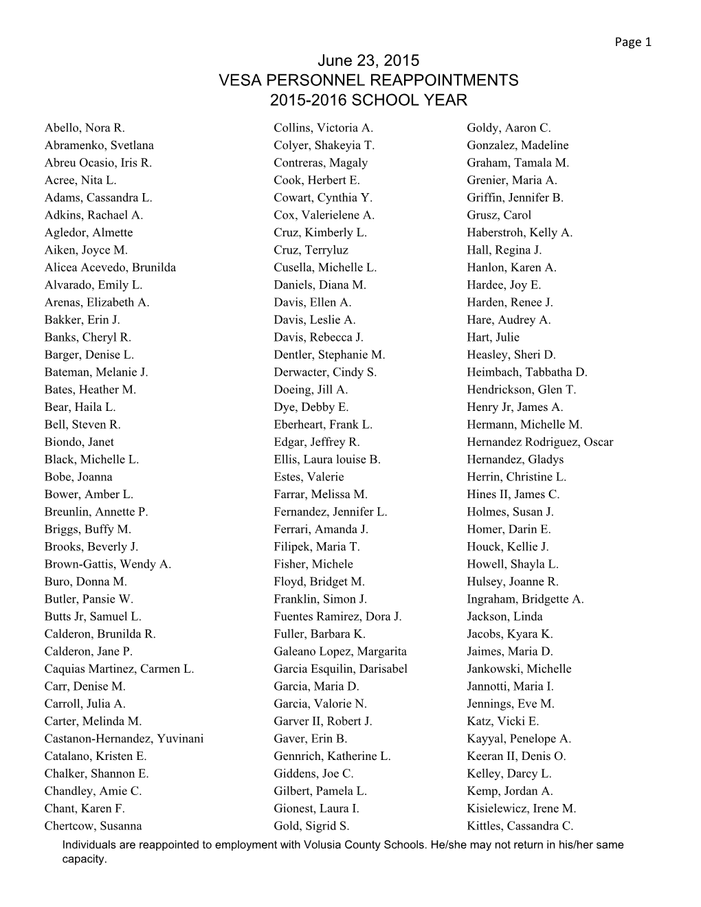 June 23, 2015 VESA PERSONNEL REAPPOINTMENTS 2015-2016 SCHOOL YEAR