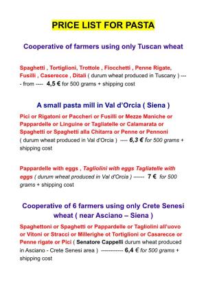 Price List for Pasta