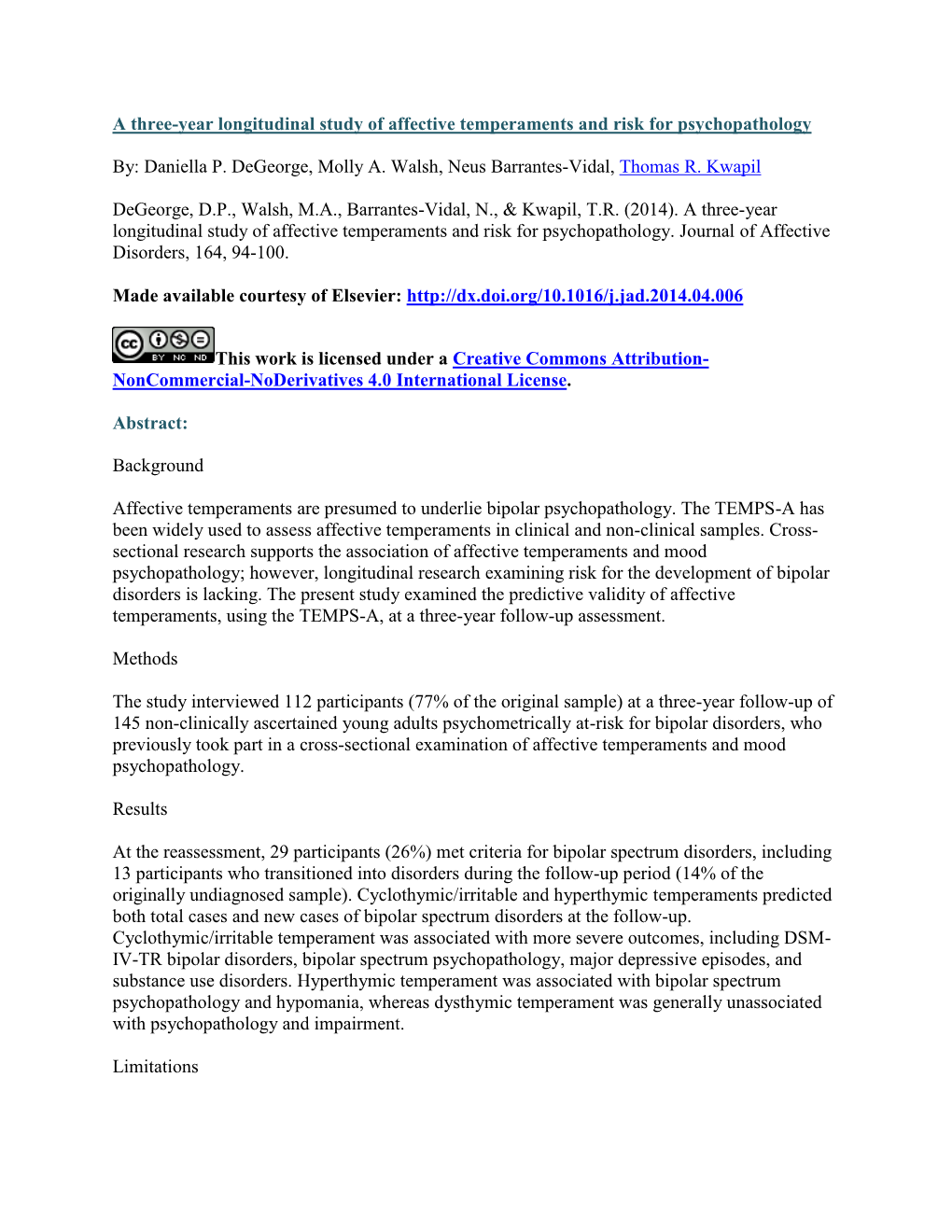 A Three-Year Longitudinal Study of Affective Temperaments and Risk for Psychopathology