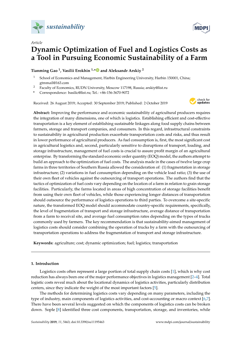 Dynamic Optimization of Fuel and Logistics Costs As a Tool in Pursuing Economic Sustainability of a Farm