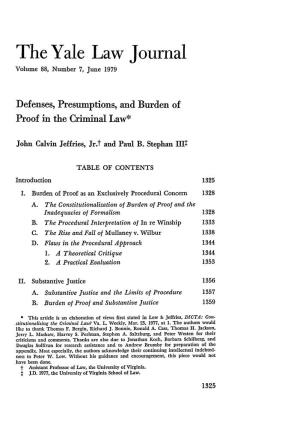 Defenses, Presumptions, and Burden of Proof in the Criminal Law*
