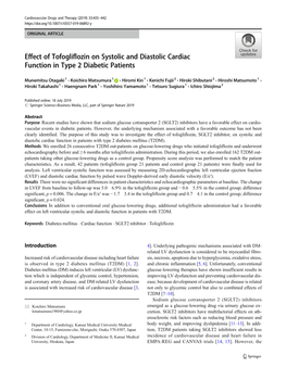 Effect of Tofogliflozin on Systolic and Diastolic Cardiac Function in Type 2 Diabetic Patients