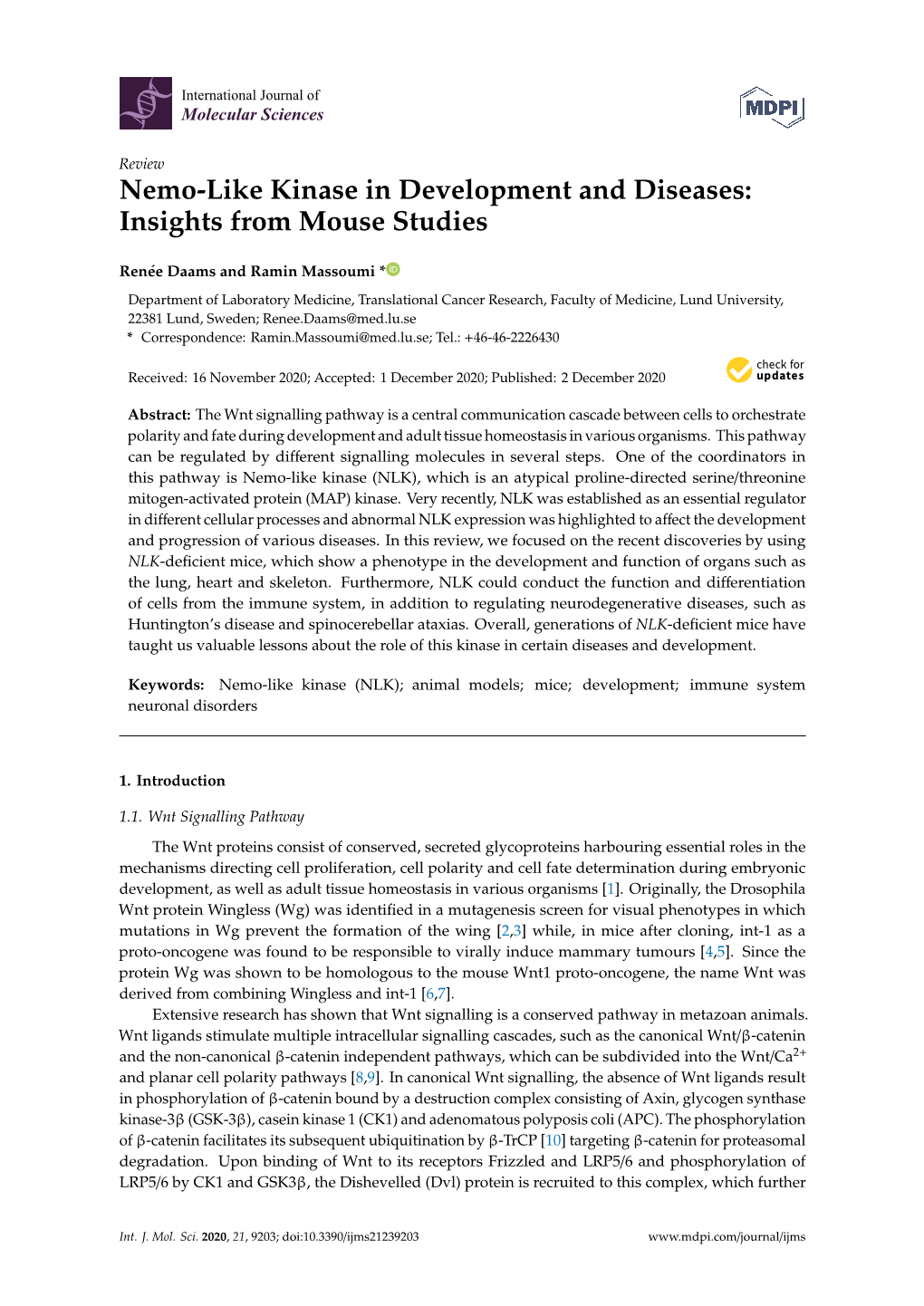 Nemo-Like Kinase in Development and Diseases: Insights from Mouse Studies