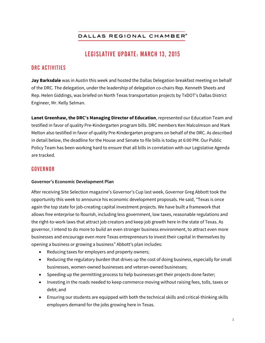 Legislative Update: March 13, 2015