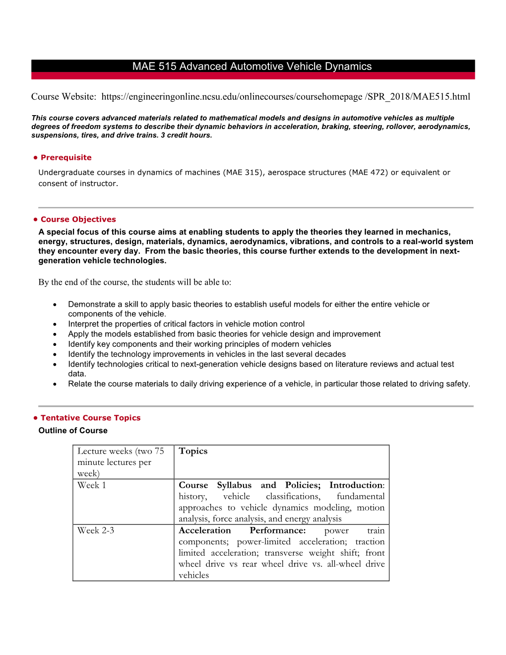 MAE 515 Advanced Vehicle Dynamics