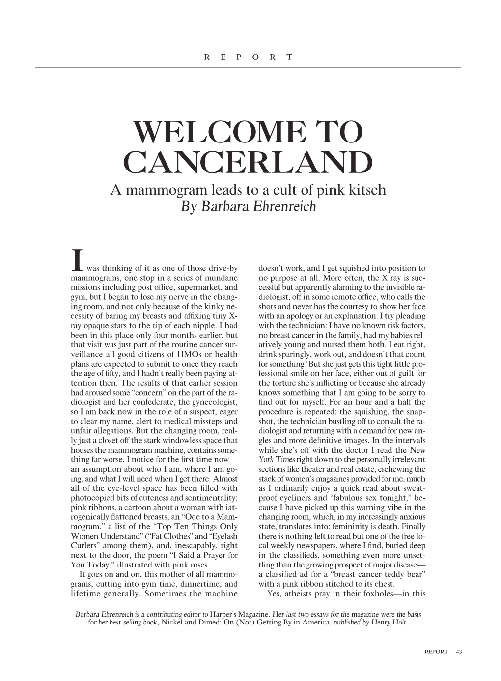 CANCERLAND a Mammogram Leads to a Cult of Pink Kitsch by Barbara Ehrenreich