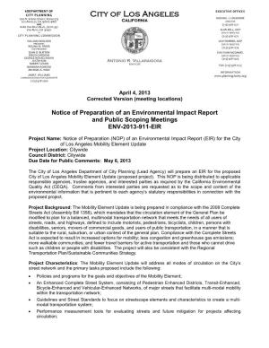 Notice of Preparation of an Environmental Impact Report and Public Scoping Meetings ENV-2013-911-EIR