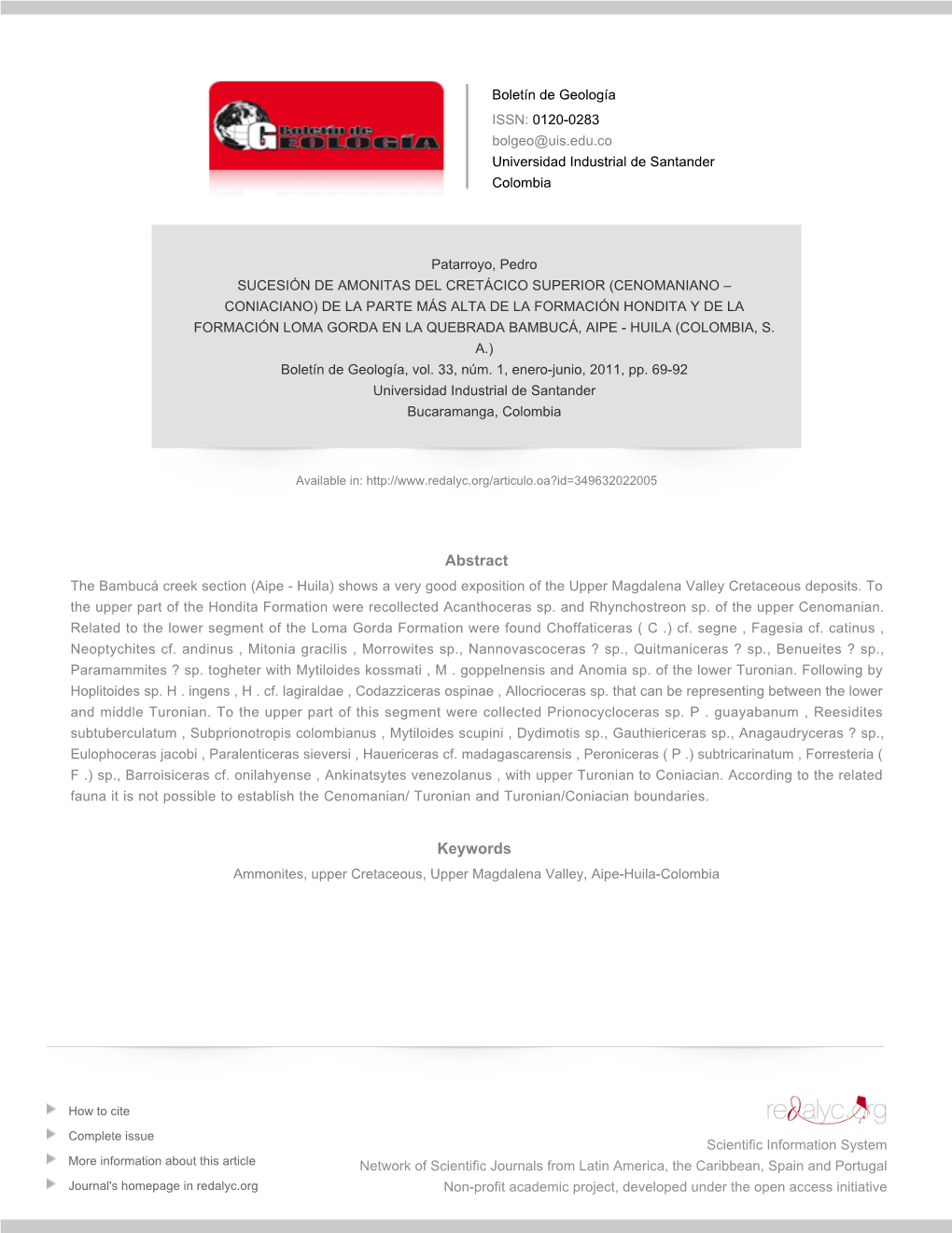 Redalyc. SUCESIÓN DE AMONITAS DEL CRETÁCICO SUPERIOR (CENOMANIANO – CONIACIANO) DE LA PARTE MÁS ALTA DE LA FORMACIÓN HONDI