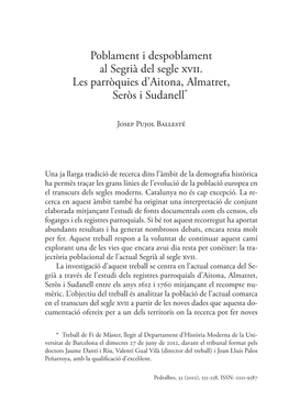 Poblament I Despoblament Al Segrià Del Segle Xvii. Les Parròquies D’Aitona, Almatret, Seròs I Sudanell*1