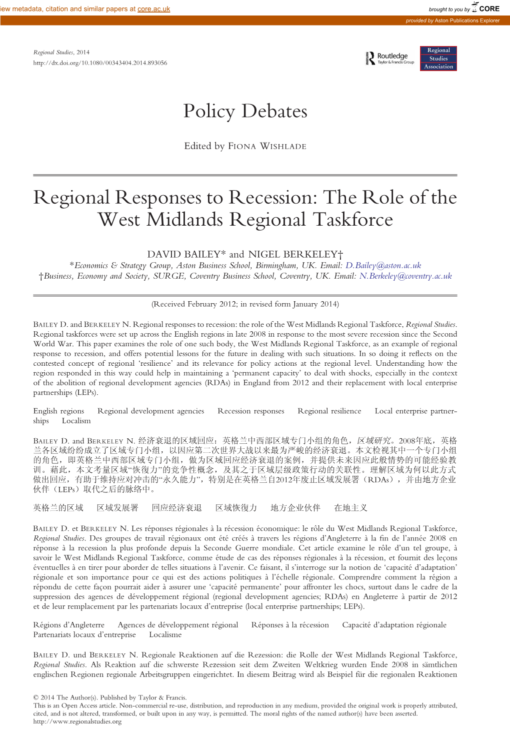 Regional Responses to Recession: the Role of the West Midlands Regional Taskforce