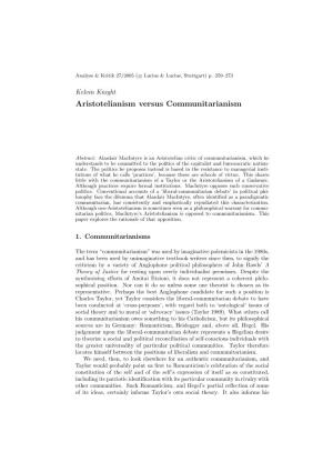 Kelvin Knight Aristotelianism Versus Communitarianism