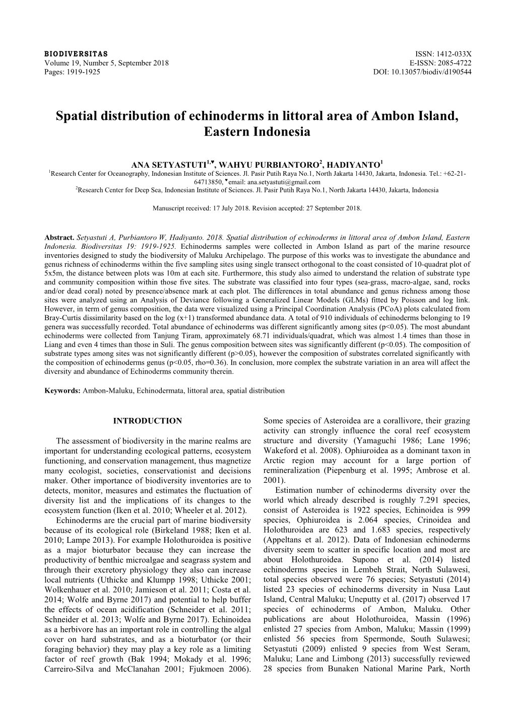 Spatial Distribution of Echinoderms in Littoral Area of Ambon Island, Eastern Indonesia