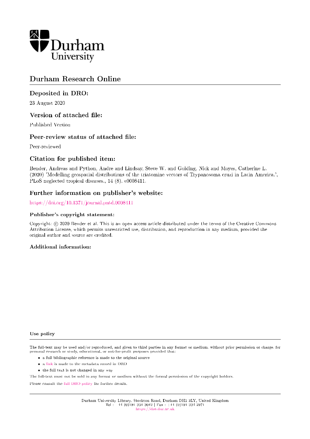 Trypanosoma Cruzi in Latin America.', Plos Neglected Tropical Diseases., 14 (8)