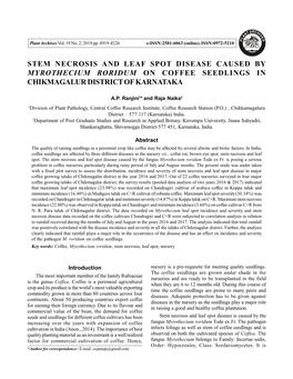 Stem Necrosis and Leaf Spot Disease Caused by Myrothecium Roridum on Coffee Seedlings in Chikmagalur District of Karnataka