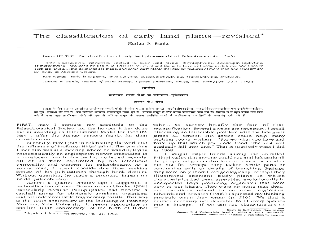 The Classification of Early Land Plants-Revisited*