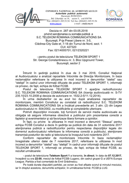 Decizia Nr. 287 Din 03.05.2018 Privind Sancţionarea Cu Somaţie Publică a S.C