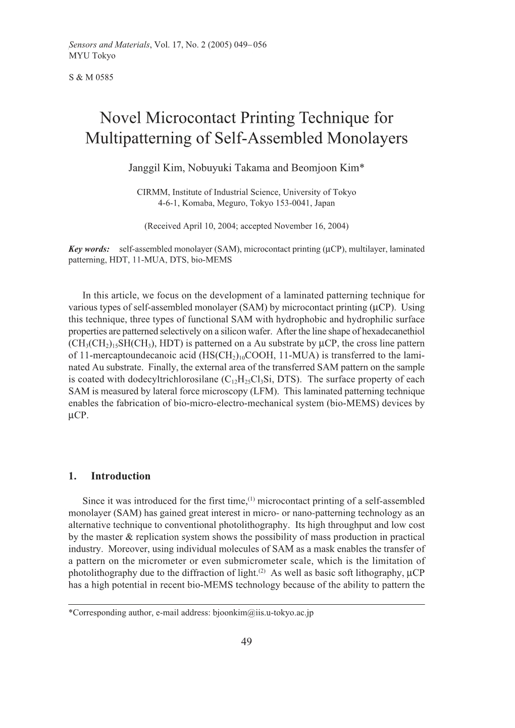 Novel Microcontact Printing Technique for Multipatterning of Self-Assembled Monolayers