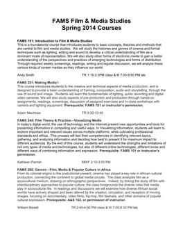 FAMS Film & Media Studies Spring 2014 Courses