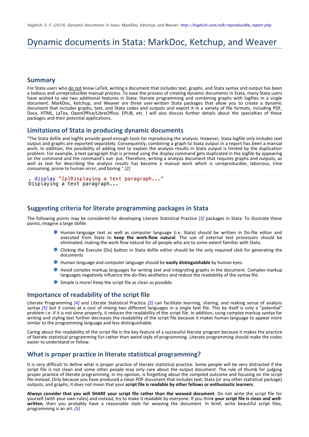 Dynamic Documents in Stata: Markdoc, Ketchup, and Weaver