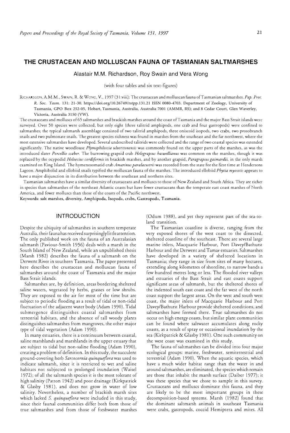 The Crustacean and Molluscan Fauna of Tasmanian Sal Tmarshes