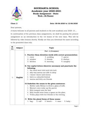 SOUNDARYA SCHOOL Academic Year 2020-2021 Study Assignment - State Week – 06 Planner