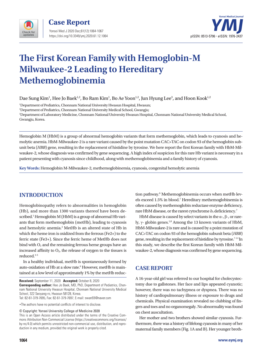 The First Korean Family with Hemoglobin-M Milwaukee-2 Leading to Hereditary Methemoglobinemia