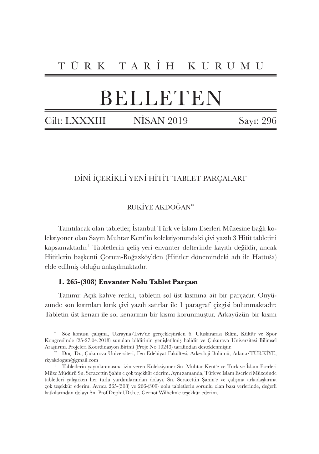 BELLETEN Cilt: LXXXIII NİSAN 2019 Sayı: 296