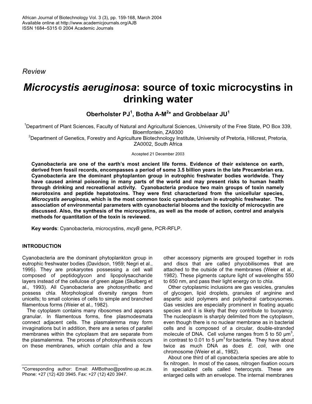 Microcystis Aeruginosa: Source of Toxic Microcystins in Drinking Water