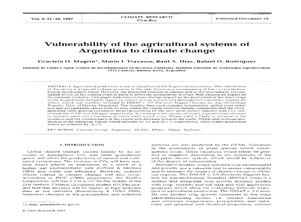 Vulnerability of the Agricultural Systems of Argentina to Climate Change