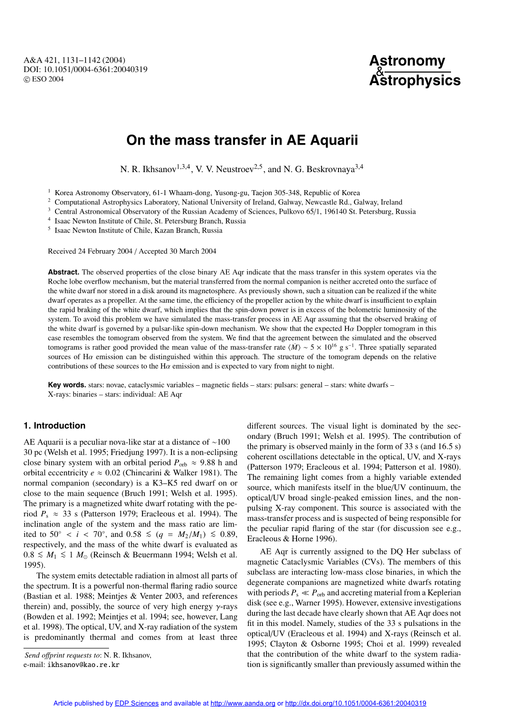 On the Mass Transfer in AE Aquarii