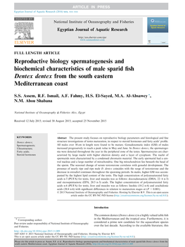 Reproductive Biology Spermatogenesis and Biochemical Characteristics of Male Sparid Fish Dentex Dentex from the South Eastern Mediterranean Coast