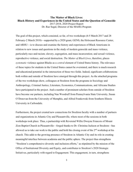 The Matter of Black Lives: Black History and Experiences in the United States and the Question of Genocide 2017-2018, 2020 Project Report Dr