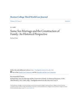 Same-Sex Marriage and the Construction of Family: an Historical Perspective Richard Ante