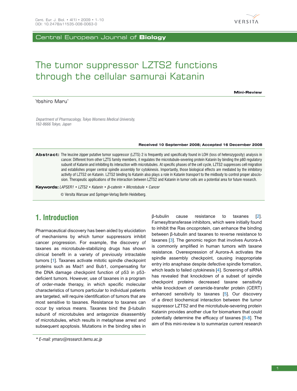 The Tumor Suppressor LZTS2 Functions Through the Cellular Samurai Katanin