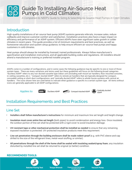 Guide to Installing Air-Source Heat Pumps in Cold Climates a Companion to NEEP’S Guide to Sizing & Selecting Air-Source Heat Pumps in Cold Climates