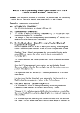 Minutes of the Regular Meeting of the Chagford Parish Council Held at Endecott House on Monday 9Th February 2015