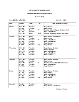DEPARTMENT of MUSIC & DANCE KURUKSHETRA UNIVERSITY KURUKSHETRA (E-Lesson Plan) From: 2-3-2015 to 7-3-2015 Dated:28-2-201