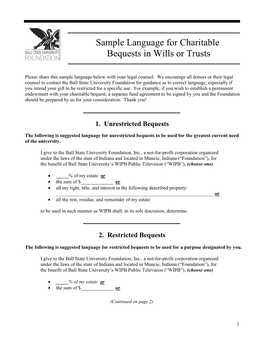 Sample Language for Charitable Bequests in Wills Or Trusts